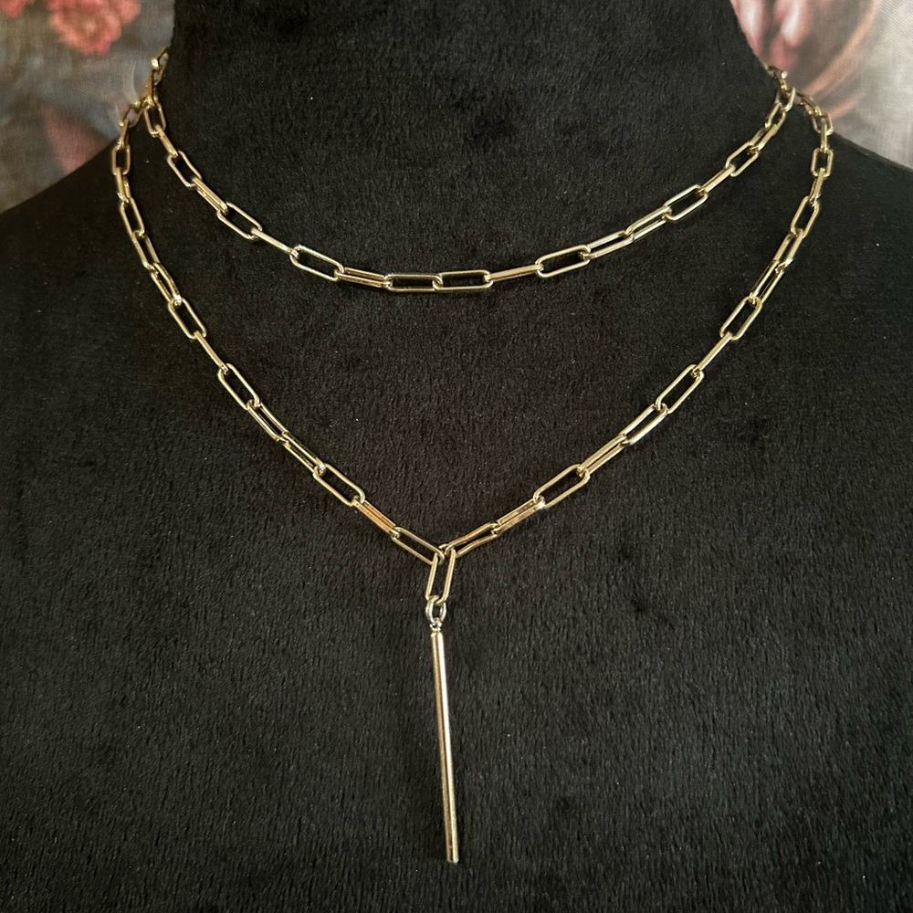 BaubleBar Gold Tone Tiny Paperclip Chain Necklace with Bar Pendant